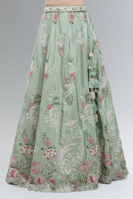 Samyukta Singhania_Green Satin, Net Embroidery, Beads, Sequins, Stones, Zari, Lime Lehenga Set _Online_at_Aza_Fashions