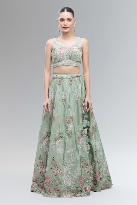 Buy_Samyukta Singhania_Green Satin, Net Embroidery, Beads, Sequins, Stones, Zari, Lime Lehenga Set _Online_at_Aza_Fashions