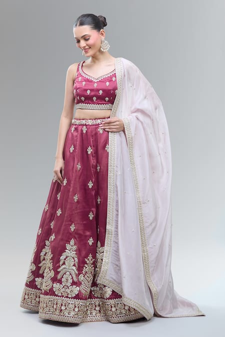Samyukta Singhania Maroon Tissue Beads, Sequins, Zari, Pearls, Stones Classic Lehenga Set 