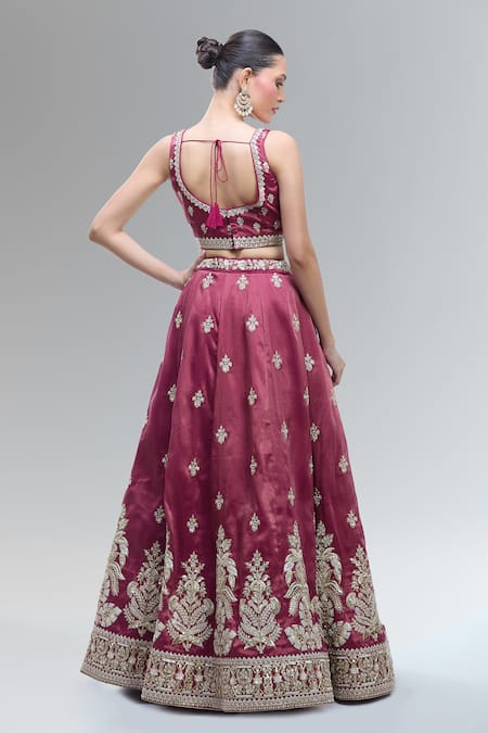 Shop_Samyukta Singhania_Maroon Tissue Beads, Sequins, Zari, Pearls, Stones Classic Lehenga Set _at_Aza_Fashions