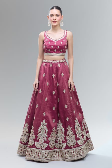 Samyukta Singhania_Maroon Tissue Beads, Sequins, Zari, Pearls, Stones Classic Lehenga Set _Online_at_Aza_Fashions