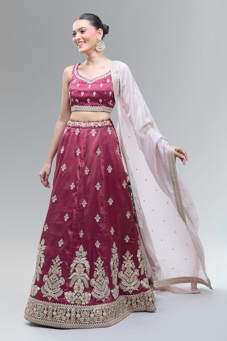 Buy_Samyukta Singhania_Maroon Tissue Beads, Sequins, Zari, Pearls, Stones Classic Lehenga Set _Online_at_Aza_Fashions