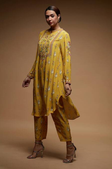 Shop_Nirraamyaa_Beige Crepe, Brocade Rhinestones Round Neck Kurta Pant Set With _Online_at_Aza_Fashions