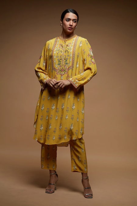 NIRRAAMYAA Beige Crepe, Brocade Rhinestones Round Neck Kurta Pant Set With 