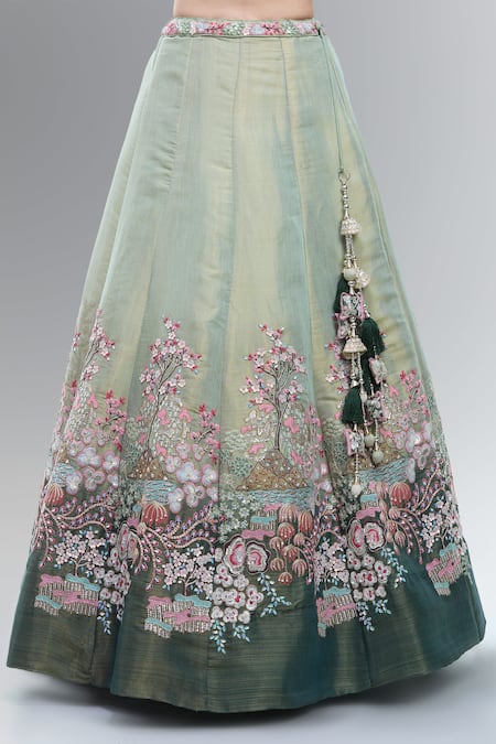 Samyukta Singhania_Green Net Embroidery, Sequins, Beads, Zari, Pearls, Stones Classic Lehenga Set _Online_at_Aza_Fashions