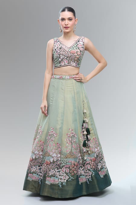 Buy_Samyukta Singhania_Green Net Embroidery, Sequins, Beads, Zari, Pearls, Stones Classic Lehenga Set _Online_at_Aza_Fashions