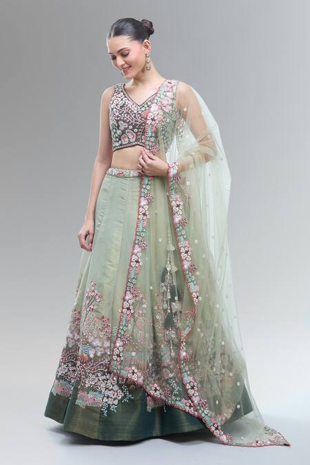 Shop_Samyukta Singhania_Green Net Embroidery, Sequins, Beads, Zari, Pearls, Stones Classic Lehenga Set _Online_at_Aza_Fashions