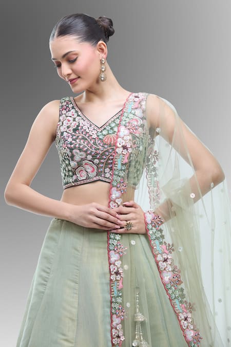 Samyukta Singhania_Green Net Embroidery, Sequins, Beads, Zari, Pearls, Stones Classic Lehenga Set _at_Aza_Fashions