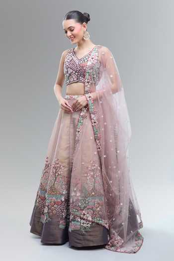 Shop Samyukta Singhania Purple Net Embroidery, Beads, Sequins, Zari, Pearls, Floral Scenery Lehenga Set Online at Aza Fashions Shop_Samyukta Singhania_Purple Net Embroidery, Beads, Sequins, Zari, Pearls, Floral Scenery Lehenga Set _Online_at_Aza_Fashions