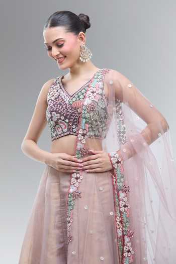 Samyukta Singhania Purple Net Embroidery, Beads, Sequins, Zari, Pearls, Floral Scenery Lehenga Set at Aza Fashions Samyukta Singhania_Purple Net Embroidery, Beads, Sequins, Zari, Pearls, Floral Scenery Lehenga Set _at_Aza_Fashions