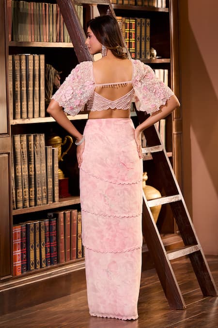 Shop_Aariyana Couture_Pink Viscose Embroidery Sweetheart Neck Water Layered Skirt Set_at_Aza_Fashions