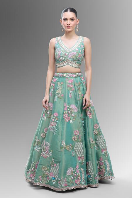 Buy_Samyukta Singhania_Green Net Beads, Sequins, Zari, Stones Sea Embroidered Classic Lehenga Set_Online_at_Aza_Fashions