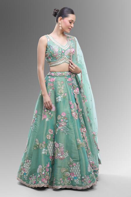 Shop_Samyukta Singhania_Green Net Beads, Sequins, Zari, Stones Sea Embroidered Classic Lehenga Set_Online_at_Aza_Fashions