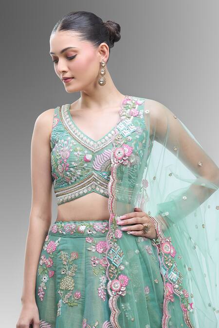 Samyukta Singhania_Green Net Beads, Sequins, Zari, Stones Sea Embroidered Classic Lehenga Set_at_Aza_Fashions