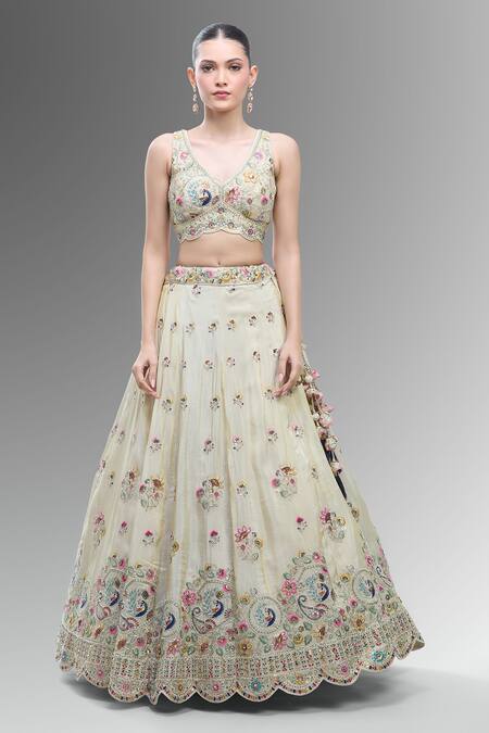 Buy_Samyukta Singhania_Cream Tissue, Viscose, Rayon Beads, Sequins, Embroidered Classic Lehenga Set_Online_at_Aza_Fashions