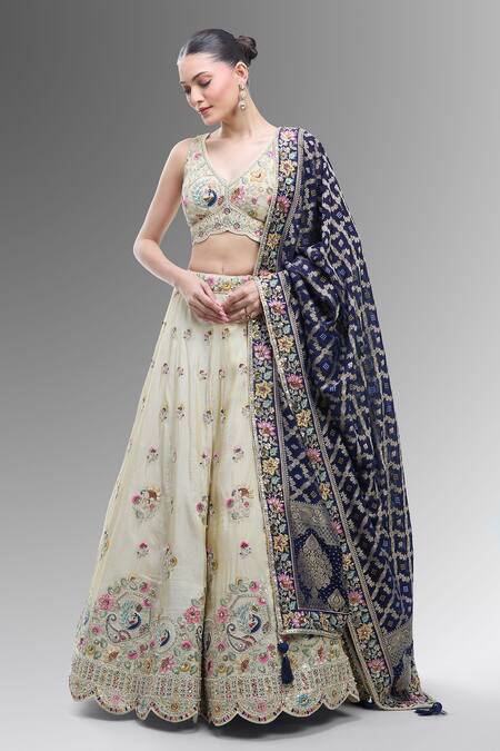 Shop_Samyukta Singhania_Cream Tissue, Viscose, Rayon Beads, Sequins, Embroidered Classic Lehenga Set_Online_at_Aza_Fashions