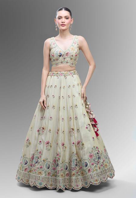 Buy Samyukta Singhania Cream Tissue Beads, Sequins, Zari, Classic Lehenga Set With Pink Dupatta Online at Aza Fashions Buy_Samyukta Singhania_Cream Tissue Beads, Sequins, Zari, Classic Lehenga Set With Pink Dupatta_Online_at_Aza_Fashions