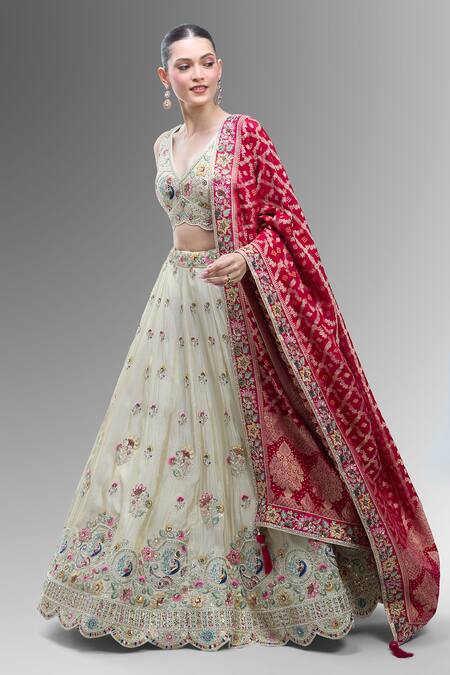 Shop Samyukta Singhania Cream Tissue Beads, Sequins, Zari, Classic Lehenga Set With Pink Dupatta Online at Aza Fashions Shop_Samyukta Singhania_Cream Tissue Beads, Sequins, Zari, Classic Lehenga Set With Pink Dupatta_Online_at_Aza_Fashions