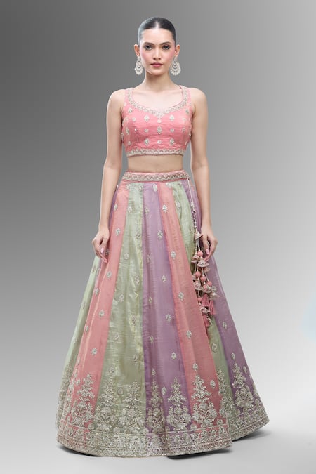 Buy_Samyukta Singhania_Multi Color Tissue, Net Embroidery, Beads, Multicolor Thread Lehenga Set_Online_at_Aza_Fashions