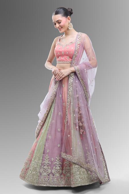 Shop_Samyukta Singhania_Multi Color Tissue, Net Embroidery, Beads, Multicolor Thread Lehenga Set_Online_at_Aza_Fashions