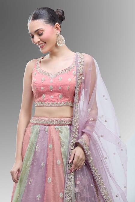 Samyukta Singhania_Multi Color Tissue, Net Embroidery, Beads, Multicolor Thread Lehenga Set_at_Aza_Fashions