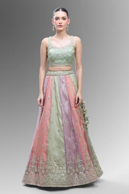 Buy_Samyukta Singhania_Multi Color Tissue, Net Embroidery, Beads, Multicolor Classic Lehenga Set_Online_at_Aza_Fashions