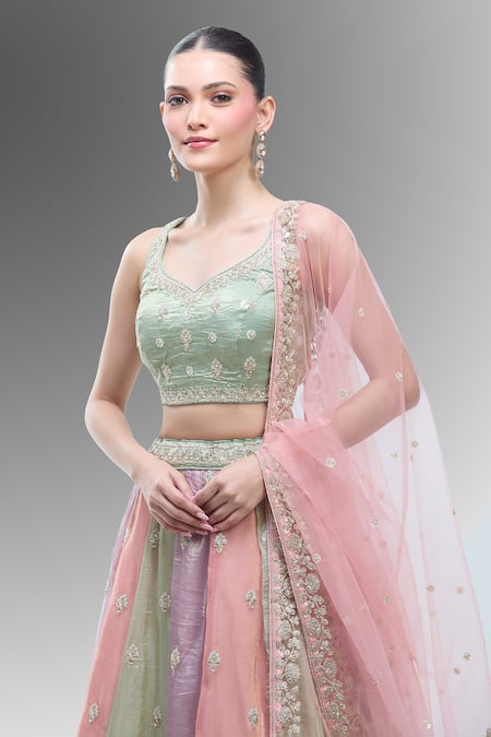 Shop_Samyukta Singhania_Multi Color Tissue, Net Embroidery, Beads, Multicolor Classic Lehenga Set_Online_at_Aza_Fashions