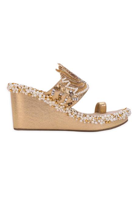 5elements Gold Rhinestones, Pearls Lotus Wedges Online at Aza Fashions 5elements_Gold Rhinestones, Pearls Lotus Wedges _Online_at_Aza_Fashions