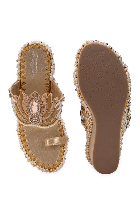 Shop 5elements Gold Rhinestones, Pearls Lotus Wedges at Aza Fashions Shop_5elements_Gold Rhinestones, Pearls Lotus Wedges _at_Aza_Fashions