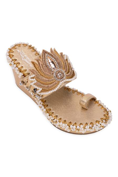 Shop 5elements Gold Rhinestones, Pearls Lotus Wedges Online at Aza Fashions Shop_5elements_Gold Rhinestones, Pearls Lotus Wedges _Online_at_Aza_Fashions