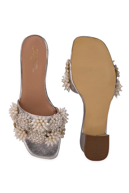 Shop 5elements Silver Pearls Sabrina Slider Heel With Floral Embellishments at Aza Fashions Shop_5elements_Silver Pearls Sabrina Slider Heel With Floral Embellishments _at_Aza_Fashions