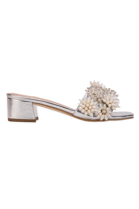 5elements Silver Pearls Sabrina Slider Heel With Floral Embellishments Online at Aza Fashions 5elements_Silver Pearls Sabrina Slider Heel With Floral Embellishments _Online_at_Aza_Fashions