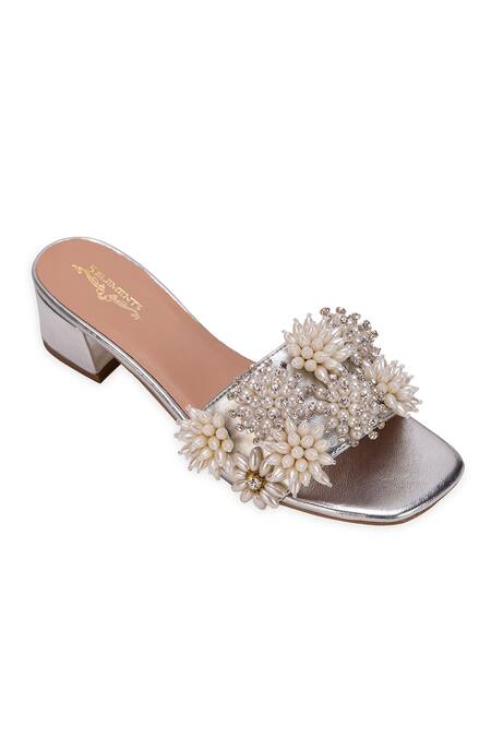Buy 5elements Silver Pearls Sabrina Slider Heel With Floral Embellishments Online at Aza Fashions Buy_5elements_Silver Pearls Sabrina Slider Heel With Floral Embellishments _Online_at_Aza_Fashions