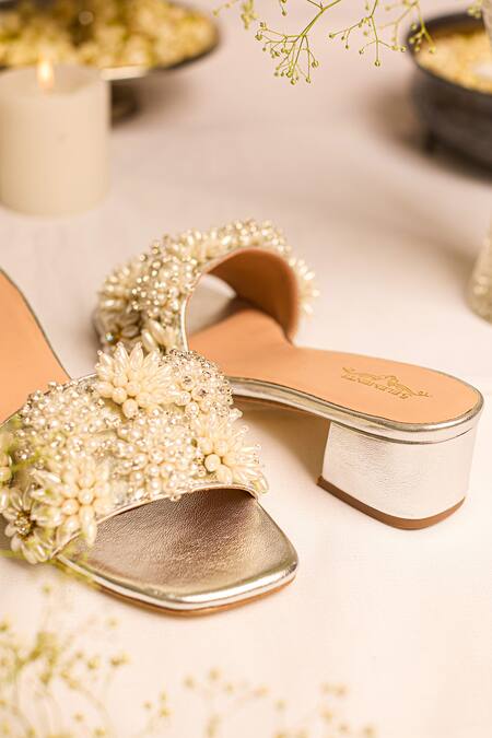 5elements Silver Pearls Sabrina Slider Heel With Floral Embellishments at Aza Fashions 5elements_Silver Pearls Sabrina Slider Heel With Floral Embellishments _at_Aza_Fashions