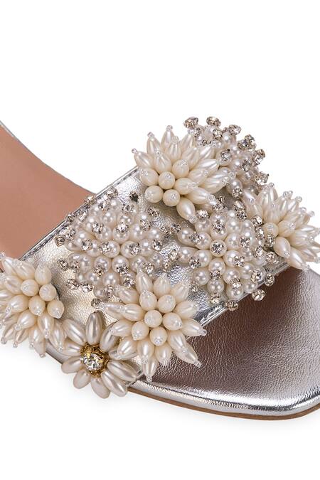 Buy 5elements Silver Pearls Sabrina Slider Heel With Floral Embellishments Buy_5elements_Silver Pearls Sabrina Slider Heel With Floral Embellishments
