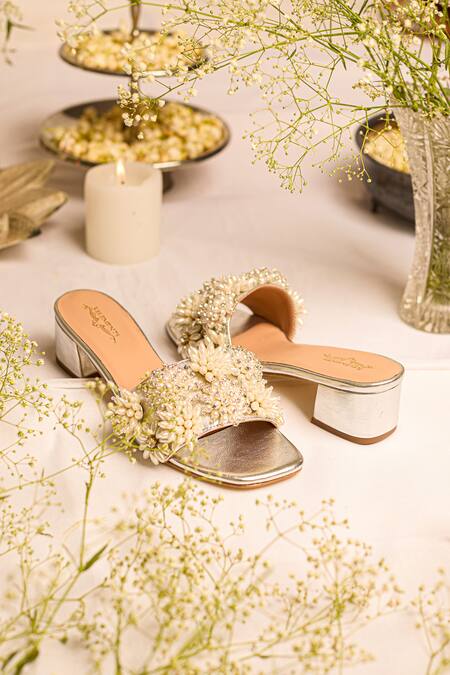 Shop 5elements Silver Pearls Sabrina Slider Heel With Floral Embellishments Shop_5elements_Silver Pearls Sabrina Slider Heel With Floral Embellishments