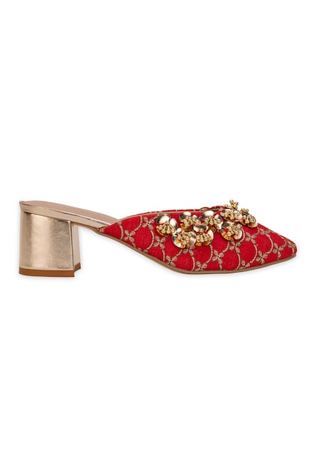 5elements_Red Embroidery, Beads Designer Nabhya Mule Heel _Online_at_Aza_Fashions