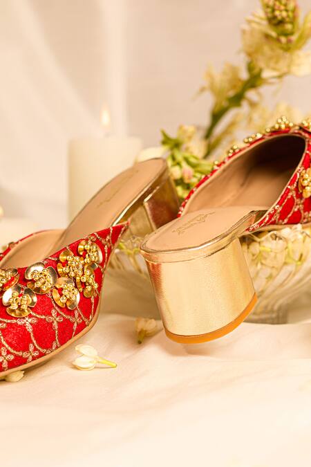 5elements_Red Embroidery, Beads Designer Nabhya Mule Heel _at_Aza_Fashions