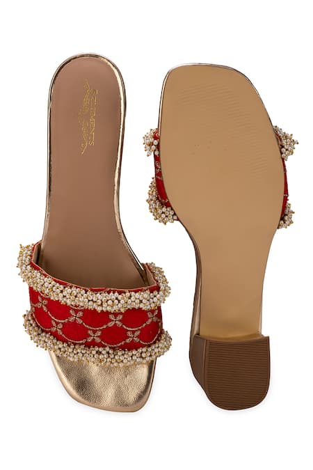 Shop 5elements Red Beads, Embroidery Designer Adhika Slider Heels at Aza Fashions Shop_5elements_Red Beads, Embroidery Designer Adhika Slider Heels _at_Aza_Fashions