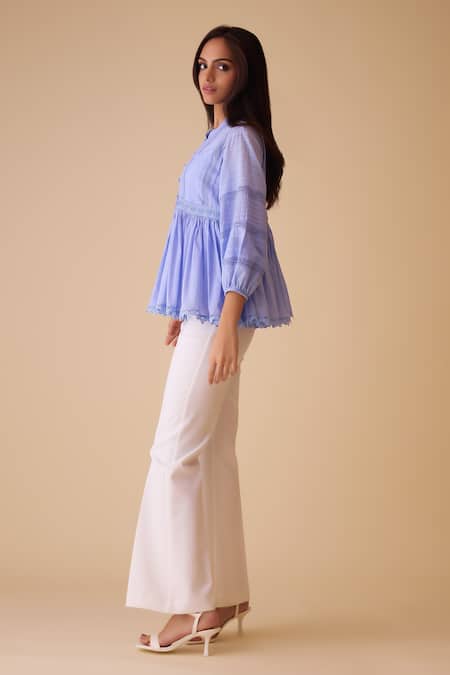 Bunka Blue Cotton Lace Mandarin Collar Ira Top - Online at Aza Fashions Bunka_Blue Cotton Lace Mandarin Collar Ira Top - _Online_at_Aza_Fashions