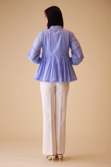 Shop Bunka Blue Cotton Lace Mandarin Collar Ira Top - at Aza Fashions Shop_Bunka_Blue Cotton Lace Mandarin Collar Ira Top - _at_Aza_Fashions