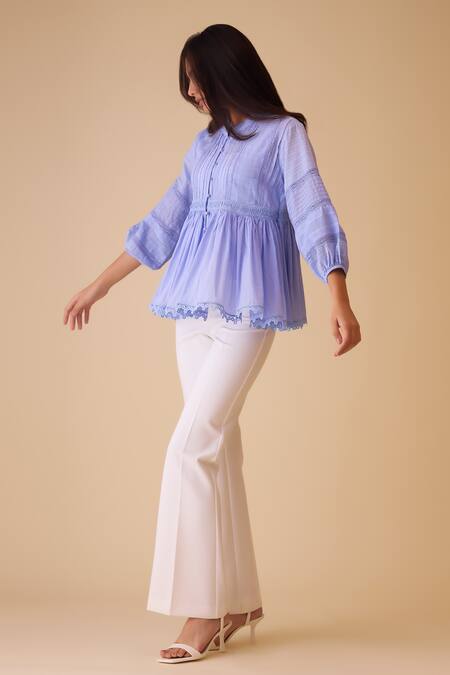 Buy Bunka Blue Cotton Lace Mandarin Collar Ira Top - Online at Aza Fashions Buy_Bunka_Blue Cotton Lace Mandarin Collar Ira Top - _Online_at_Aza_Fashions