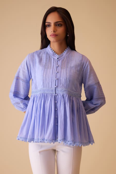 Shop Bunka Blue Cotton Lace Mandarin Collar Ira Top - Online at Aza Fashions Shop_Bunka_Blue Cotton Lace Mandarin Collar Ira Top - _Online_at_Aza_Fashions