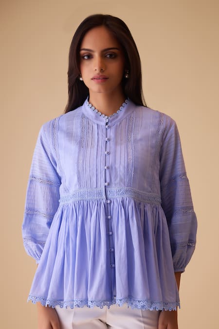 Bunka Blue Cotton Lace Mandarin Collar Ira Top - at Aza Fashions Bunka_Blue Cotton Lace Mandarin Collar Ira Top - _at_Aza_Fashions