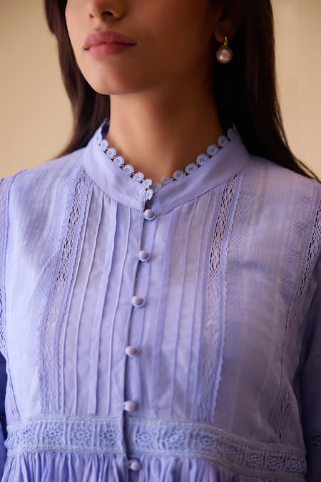 Buy Bunka Blue Cotton Lace Mandarin Collar Ira Top - Buy_Bunka_Blue Cotton Lace Mandarin Collar Ira Top -