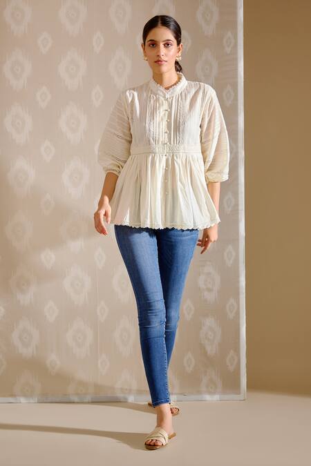 BUNKA White Cotton Lace Mandarin Collar Ira Top - Ivory 