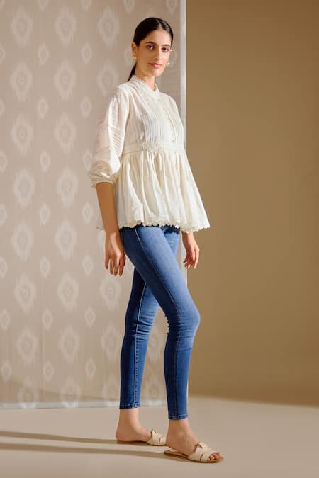 Shop Bunka White Cotton Lace Mandarin Collar Ira Top - Ivory at Aza Fashions Shop_Bunka_White Cotton Lace Mandarin Collar Ira Top - Ivory _at_Aza_Fashions