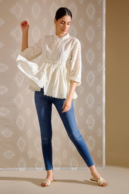 Bunka White Cotton Lace Mandarin Collar Ira Top - Ivory Online at Aza Fashions Bunka_White Cotton Lace Mandarin Collar Ira Top - Ivory _Online_at_Aza_Fashions