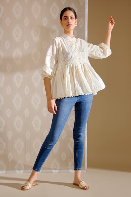 Buy Bunka White Cotton Lace Mandarin Collar Ira Top - Ivory Online at Aza Fashions Buy_Bunka_White Cotton Lace Mandarin Collar Ira Top - Ivory _Online_at_Aza_Fashions