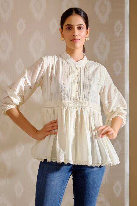 Bunka White Cotton Lace Mandarin Collar Ira Top - Ivory at Aza Fashions Bunka_White Cotton Lace Mandarin Collar Ira Top - Ivory _at_Aza_Fashions